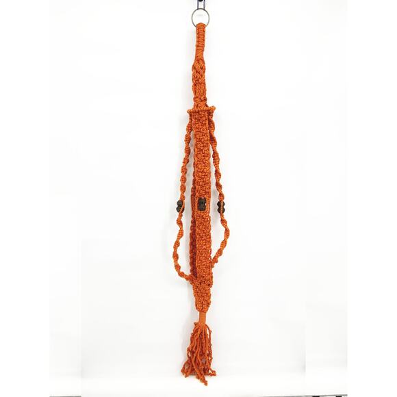 Vintage 70s Large Orange Macramé Brown Wood Beads Plant Hanger 64" - Picture 2 of 4